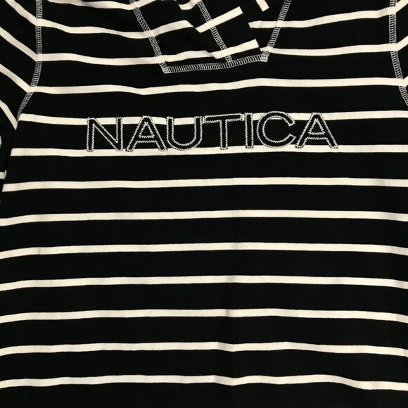 NAUTICA LARGE Cotton Blend Black White Pullover V-Neck Hoodie Top - Picture 4 of 7